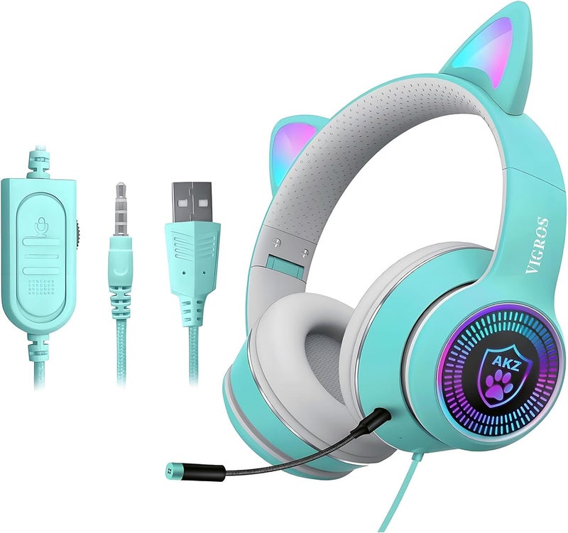 VIGROS Cat Ear Gaming Headphones Wired AUX 3.5mm with LED Light, Flashing Stereo Game Headphones Surround Sound Over-Ear Headsets with Microphone Fit Kids & Adult for PC, PS4, Switch, Mobile, Laptop - Image 2